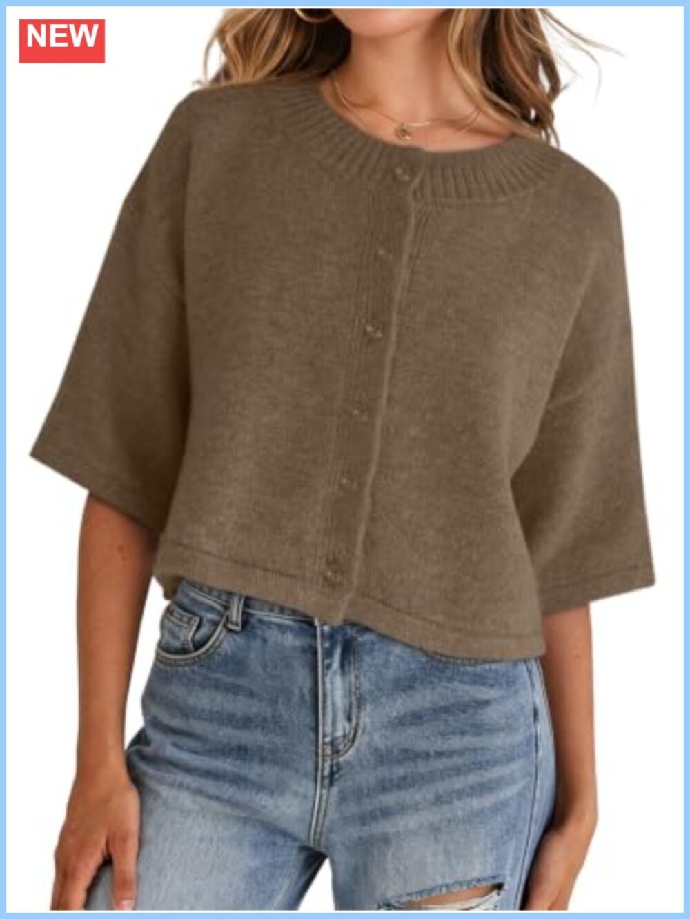 Women's Lightweight Cropped Cardigan Knit Button-Up Short Sleeve Sweater